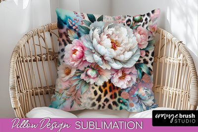 Leopard Print Flower Pillow Cover, Floral Pillow Sublimation Sublimation OrangeBrushStudio 