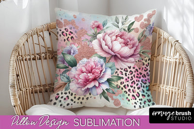 Leopard Print Flower Pillow Cover, Floral Pillow Sublimation Sublimation OrangeBrushStudio 