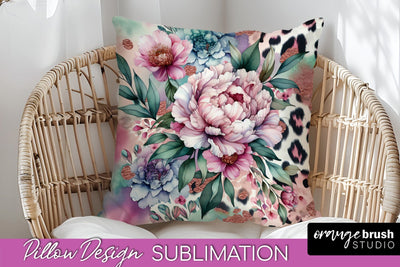 Leopard Print Flower Pillow Cover, Floral Pillow Sublimation Sublimation OrangeBrushStudio 