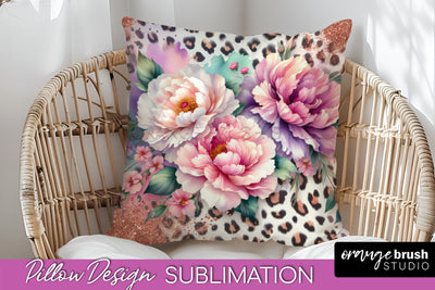 Leopard Print Flower Pillow Cover, Floral Pillow Sublimation Sublimation OrangeBrushStudio 