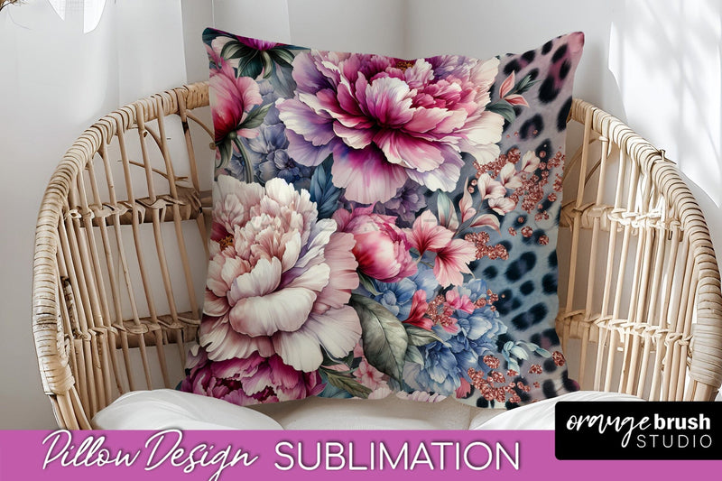 Leopard Print Flower Pillow Cover, Floral Pillow Sublimation Sublimation OrangeBrushStudio 