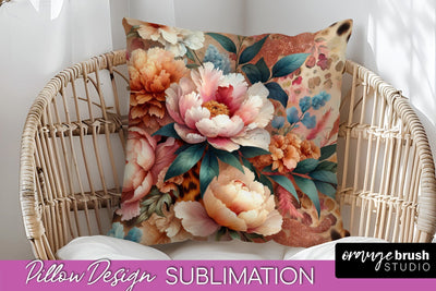 Leopard Print Flower Pillow Cover, Floral Pillow Sublimation Sublimation OrangeBrushStudio 
