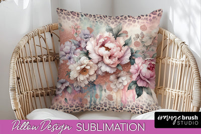 Leopard Print Flower Pillow Cover, Floral Pillow Sublimation Sublimation OrangeBrushStudio 