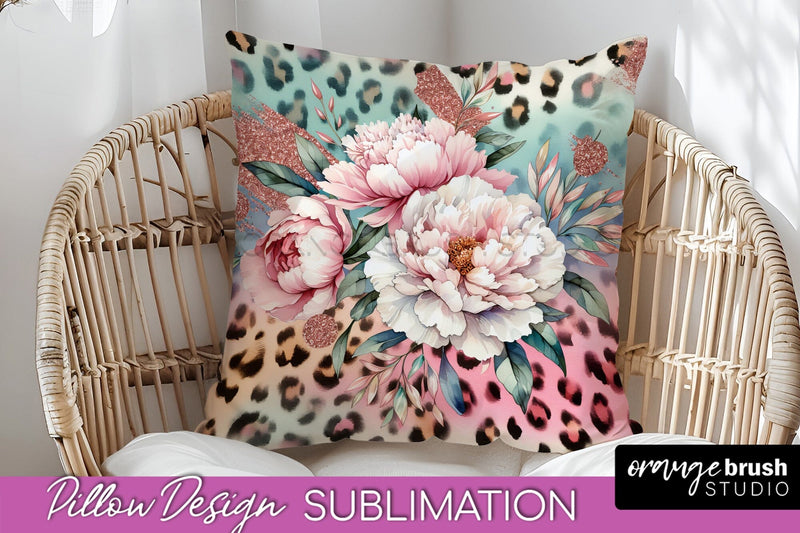 Leopard Print Flower Pillow Cover, Floral Pillow Sublimation Sublimation OrangeBrushStudio 