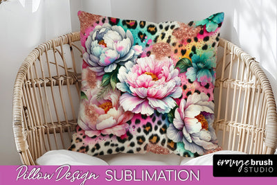 Leopard Print Flower Pillow Cover, Floral Pillow Sublimation Sublimation OrangeBrushStudio 