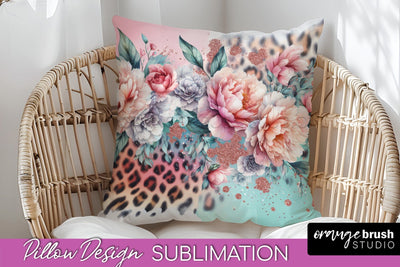 Leopard Print Flower Pillow Cover, Floral Pillow Sublimation Sublimation OrangeBrushStudio 