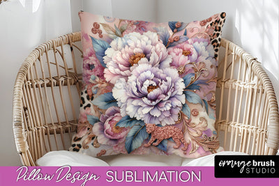 Leopard Print Flower Pillow Cover, Floral Pillow Sublimation Sublimation OrangeBrushStudio 