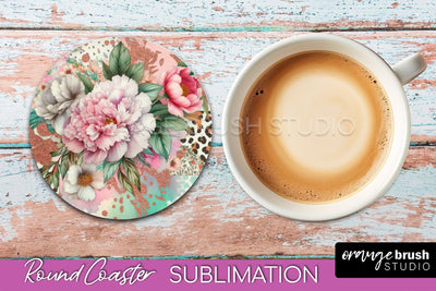 Leopard Print Flower Round Coaster - Floral Coaster PNG File Sublimation OrangeBrushStudio 