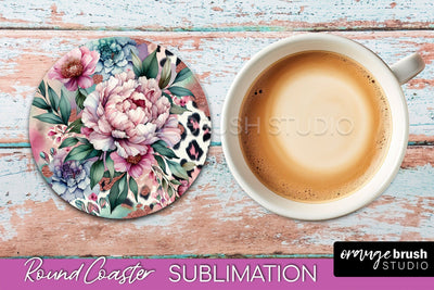 Leopard Print Flower Round Coaster - Floral Coaster PNG File Sublimation OrangeBrushStudio 