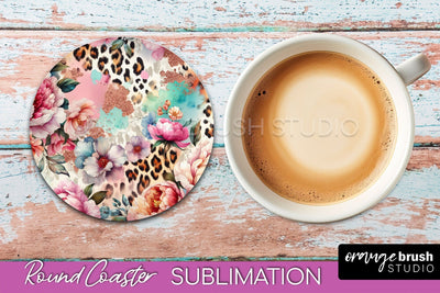Leopard Print Flower Round Coaster - Floral Coaster PNG File Sublimation OrangeBrushStudio 