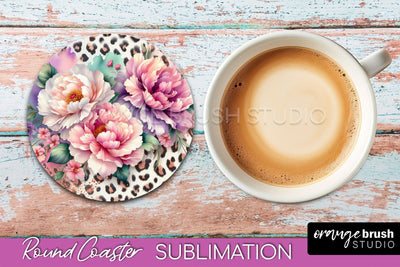 Leopard Print Flower Round Coaster - Floral Coaster PNG File Sublimation OrangeBrushStudio 