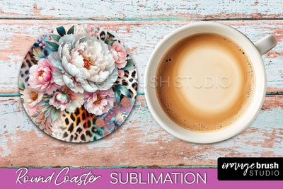 Leopard Print Flower Round Coaster - Floral Coaster PNG File Sublimation OrangeBrushStudio 