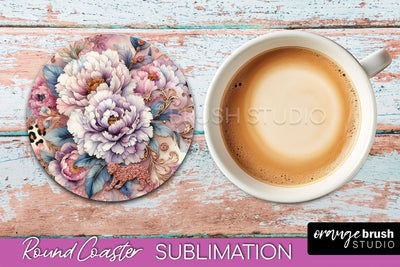 Leopard Print Flower Round Coaster - Floral Coaster PNG File Sublimation OrangeBrushStudio 
