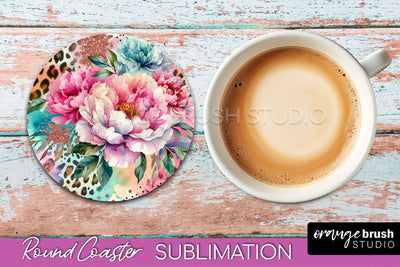 Leopard Print Flower Round Coaster - Floral Coaster PNG File Sublimation OrangeBrushStudio 