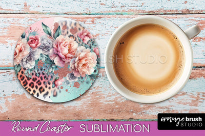 Leopard Print Flower Round Coaster - Floral Coaster PNG File Sublimation OrangeBrushStudio 