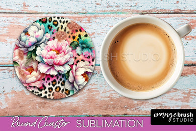 Leopard Print Flower Round Coaster - Floral Coaster PNG File Sublimation OrangeBrushStudio 