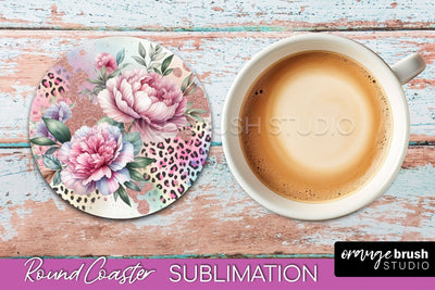 Leopard Print Flower Round Coaster - Floral Coaster PNG File Sublimation OrangeBrushStudio 