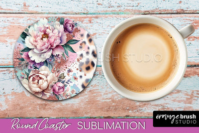 Leopard Print Flower Round Coaster - Floral Coaster PNG File Sublimation OrangeBrushStudio 