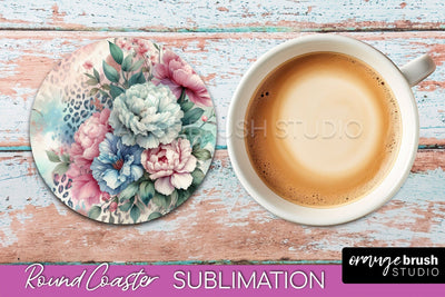 Leopard Print Flower Round Coaster - Floral Coaster PNG File Sublimation OrangeBrushStudio 