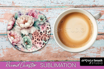 Leopard Print Flower Round Coaster - Floral Coaster PNG File Sublimation OrangeBrushStudio 