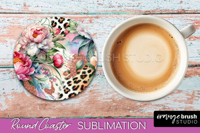 Leopard Print Flower Round Coaster - Floral Coaster PNG File Sublimation OrangeBrushStudio 