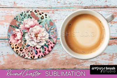 Leopard Print Flower Round Coaster - Floral Coaster PNG File Sublimation OrangeBrushStudio 