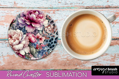 Leopard Print Flower Round Coaster - Floral Coaster PNG File Sublimation OrangeBrushStudio 