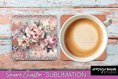 Leopard Print Flower Square Coaster - Floral Coaster PNG Sublimation OrangeBrushStudio 