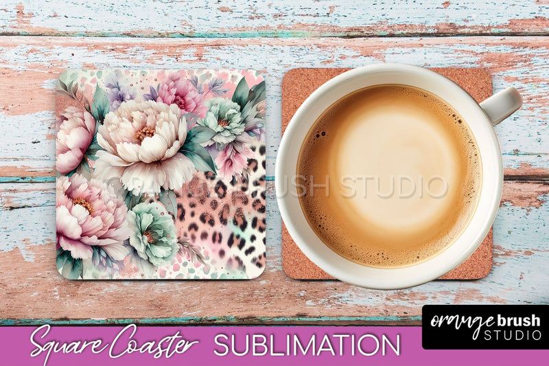 Leopard Print Flower Square Coaster - Floral Coaster PNG Sublimation OrangeBrushStudio 