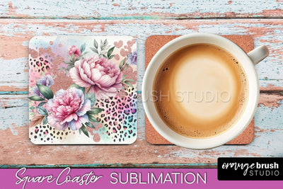 Leopard Print Flower Square Coaster - Floral Coaster PNG Sublimation OrangeBrushStudio 