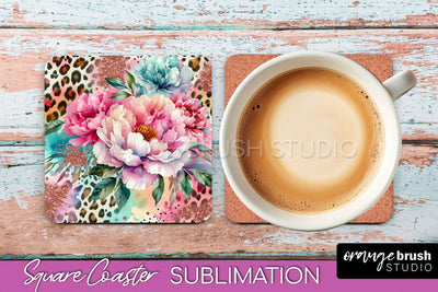 Leopard Print Flower Square Coaster - Floral Coaster PNG Sublimation OrangeBrushStudio 