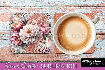 Leopard Print Flower Square Coaster - Floral Coaster PNG Sublimation OrangeBrushStudio 
