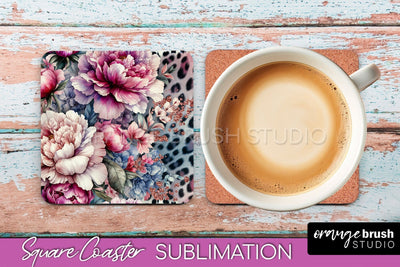 Leopard Print Flower Square Coaster - Floral Coaster PNG Sublimation OrangeBrushStudio 