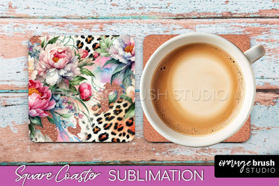 Leopard Print Flower Square Coaster - Floral Coaster PNG Sublimation OrangeBrushStudio 