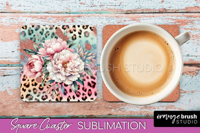 Leopard Print Flower Square Coaster - Floral Coaster PNG Sublimation OrangeBrushStudio 