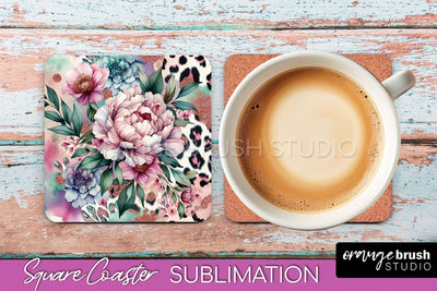 Leopard Print Flower Square Coaster - Floral Coaster PNG Sublimation OrangeBrushStudio 
