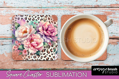 Leopard Print Flower Square Coaster - Floral Coaster PNG Sublimation OrangeBrushStudio 