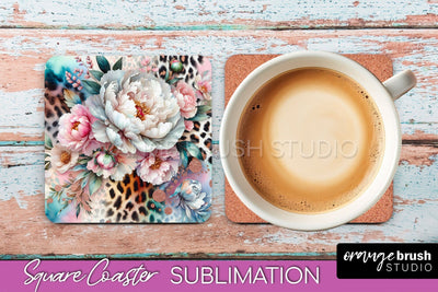 Leopard Print Flower Square Coaster - Floral Coaster PNG Sublimation OrangeBrushStudio 