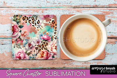 Leopard Print Flower Square Coaster - Floral Coaster PNG Sublimation OrangeBrushStudio 