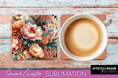 Leopard Print Flower Square Coaster - Floral Coaster PNG Sublimation OrangeBrushStudio 