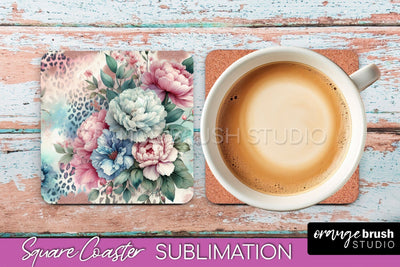 Leopard Print Flower Square Coaster - Floral Coaster PNG Sublimation OrangeBrushStudio 