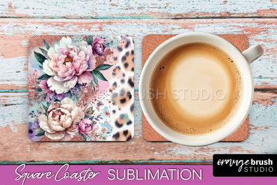 Leopard Print Flower Square Coaster - Floral Coaster PNG Sublimation OrangeBrushStudio 