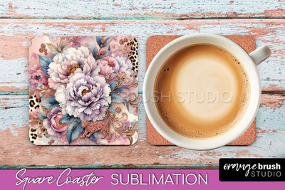 Leopard Print Flower Square Coaster - Floral Coaster PNG Sublimation OrangeBrushStudio 