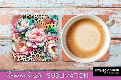 Leopard Print Flower Square Coaster - Floral Coaster PNG Sublimation OrangeBrushStudio 