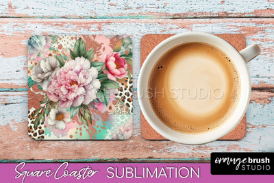 Leopard Print Flower Square Coaster - Floral Coaster PNG Sublimation OrangeBrushStudio 