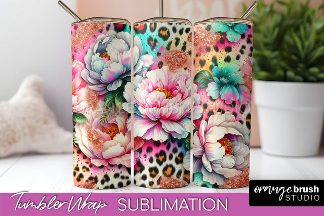 Leopard Print Flower Tumbler PNG - Floral Tumbler Wrap Sublimation OrangeBrushStudio 
