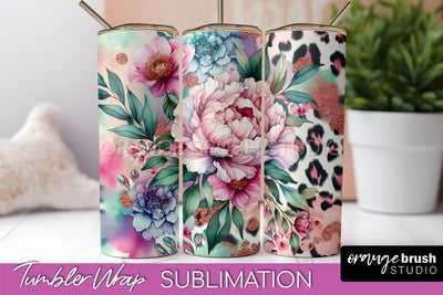 Leopard Print Flower Tumbler PNG - Floral Tumbler Wrap Sublimation OrangeBrushStudio 