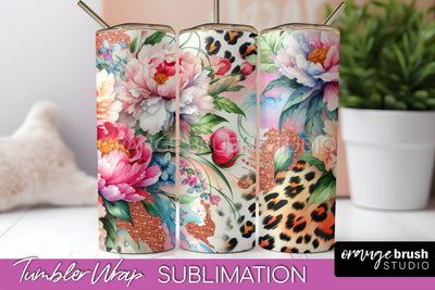 Leopard Print Flower Tumbler PNG - Floral Tumbler Wrap Sublimation OrangeBrushStudio 