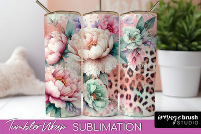 Leopard Print Flower Tumbler PNG - Floral Tumbler Wrap Sublimation OrangeBrushStudio 