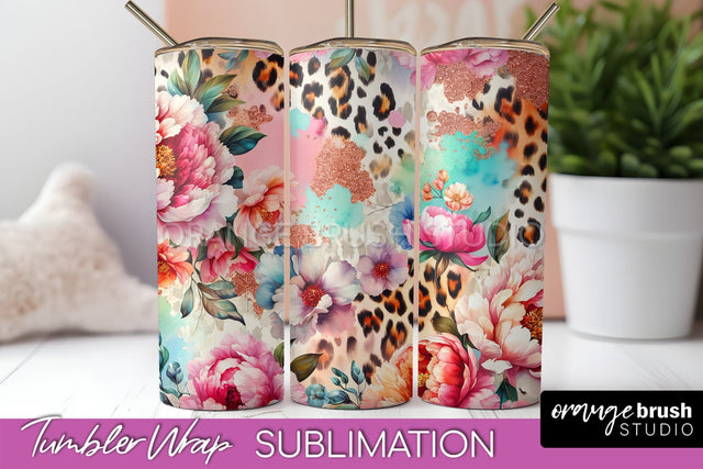 Leopard Print Flower Tumbler PNG - Floral Tumbler Wrap Sublimation OrangeBrushStudio 